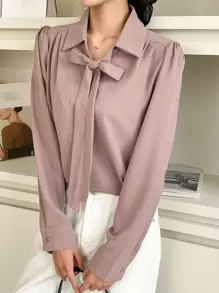 DAZY Solid Tie Neck Puff Sleeve Blouse - Dusty Pink - View 7