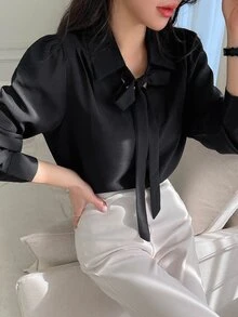 DAZY Solid Tie Neck Puff Sleeve Blouse - Black - View 6