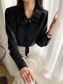 DAZY Solid Tie Neck Puff Sleeve Blouse - Black - View 7