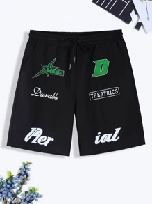 Manfinity EMRG Men Letter Graphic Drawstring Waist Shorts - Black - View 5