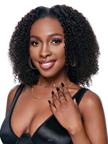 Kinky Curly 10-14 Inch Natural Black Color V Part Wig Machine Made Natural Black Color Short Short Human Hair Natural Looking High Density Neat - Black - View 4