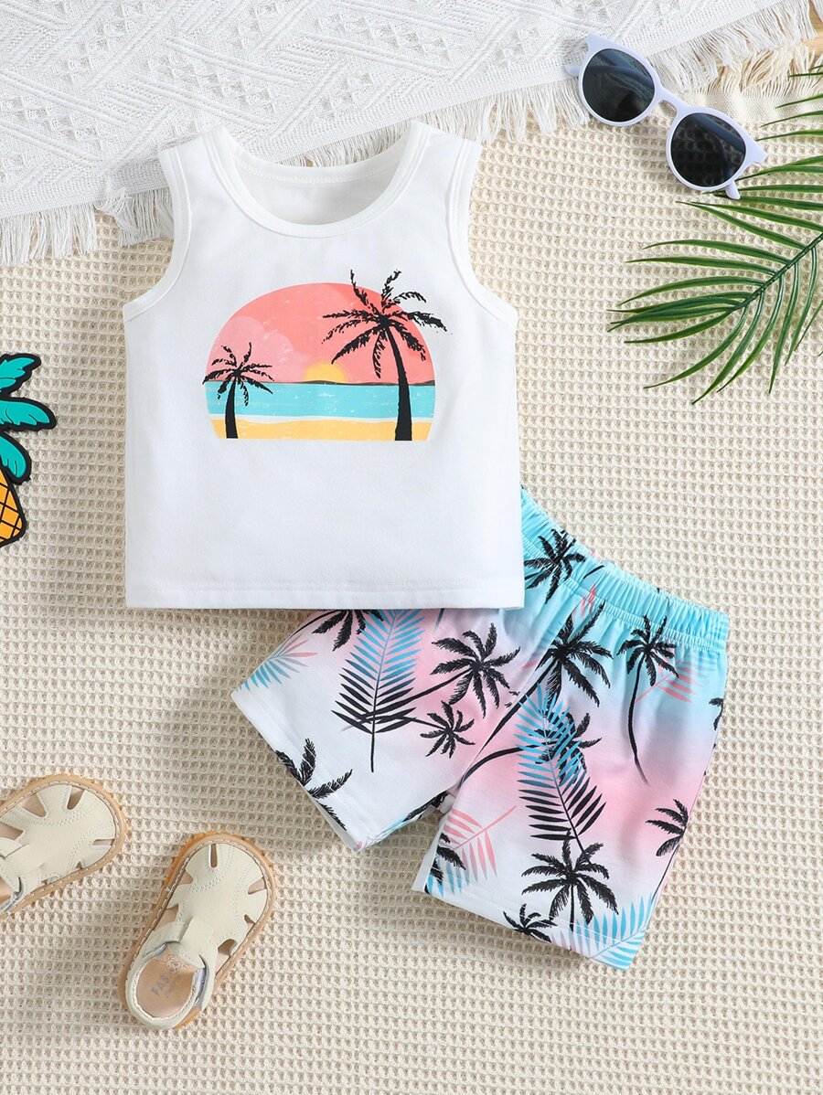 Baby Boy Coconut Tree Print Tank Top & Shorts - Multicolor - View 1