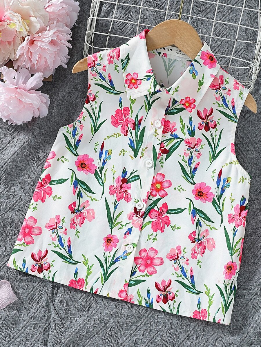 SHEIN Girls Floral Print Button Front Sleeveless Shirt - Multicolor - View 1