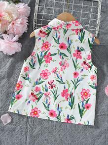 SHEIN Girls Floral Print Button Front Sleeveless Shirt - Multicolor - View 2