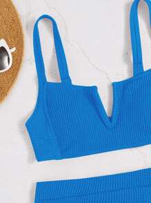 SHEIN Swim Summer Beach Textured Bikini Set V Wired Top & High Waist Bottom 2 Pieces Bikini - Blue - View 4