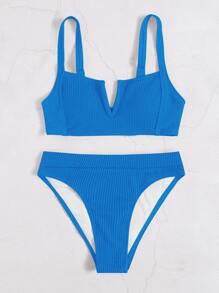 SHEIN Swim Summer Beach Textured Bikini Set V Wired Top & High Waist Bottom 2 Pieces Bikini - Blue - View 5