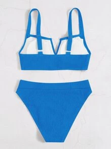 SHEIN Swim Summer Beach Textured Bikini Set V Wired Top & High Waist Bottom 2 Pieces Bikini - Blue - View 6