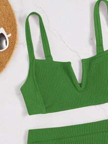 Textured V Wired Summer Beach Bikini Set - Green - View 3