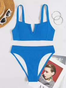 SHEIN Swim Summer Beach Textured Bikini Set V Wired Top & High Waist Bottom 2 Pieces Bikini - Blue - View 7