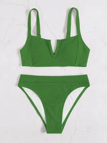 Textured V Wired Summer Beach Bikini Set - Green - View 4