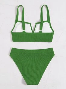 Textured V Wired Summer Beach Bikini Set - Green - View 5