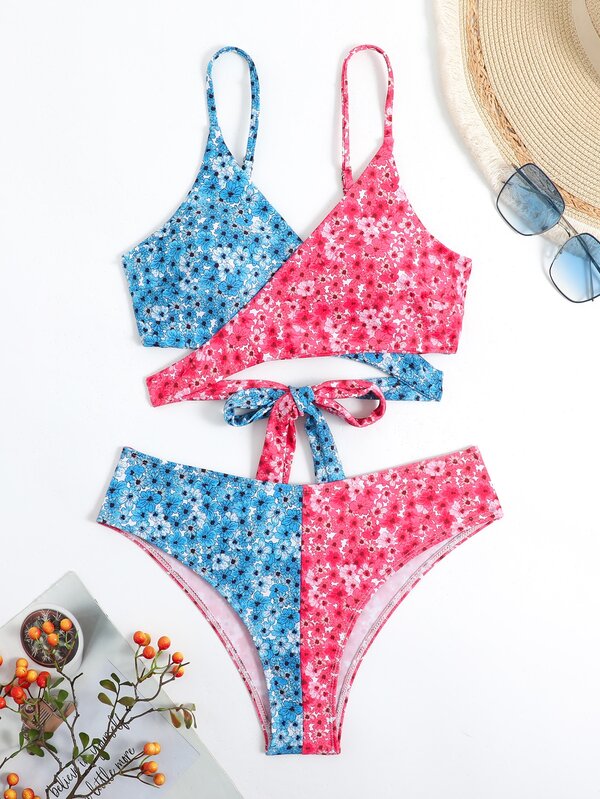Ditsy Floral Print Colorblock Wrap Summer Beach Bikini Set