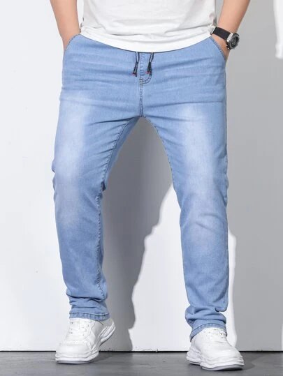 Manfinity EZcore 男士加大纯棉抽绳腰斜口袋牛仔裤，纯色修身长款水洗浅蓝色工装牛仔裤，轻便牛仔裤，适合丈夫、男朋友的礼物