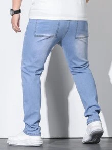 Manfinity Homme 男士加大纯棉抽绳腰斜口袋牛仔裤，纯色修身长款水洗浅蓝色工装牛仔裤，轻便牛仔裤，适合丈夫、男朋友的礼物 - 淺色水洗藍 - 查看 2