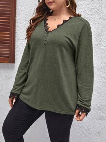 SHEIN LUNE 大碼蕾絲邊插肩袖T恤