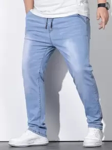 Manfinity Homme 男士加大纯棉抽绳腰斜口袋牛仔裤，纯色修身长款水洗浅蓝色工装牛仔裤，轻便牛仔裤，适合丈夫、男朋友的礼物 - 淺色水洗藍 - 查看 7