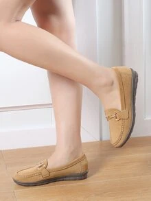 Metal Decor Faux Suede Flat Loafers - Brown - View 4