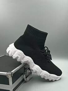 Men Lace Up Design Slip-On Sock Sneakers - Black - View 1