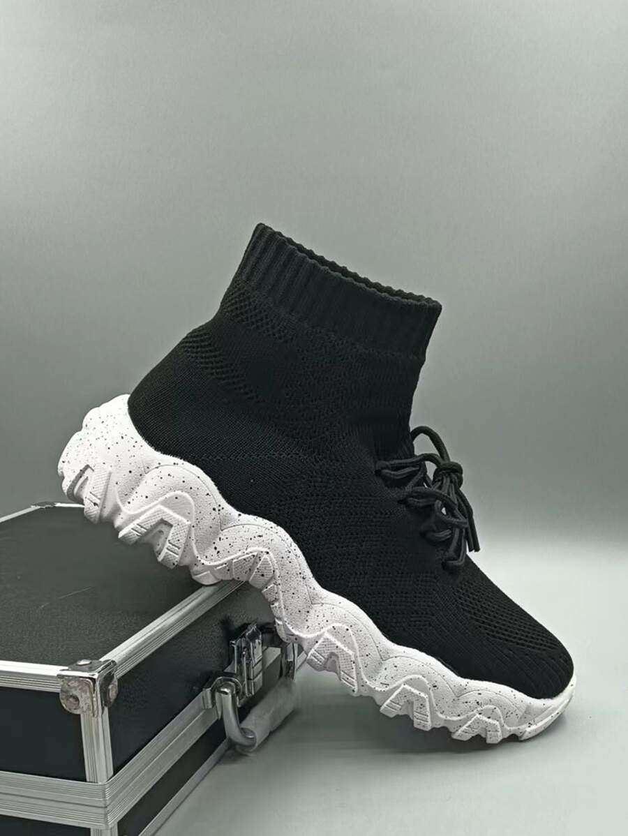 Men Lace Up Design Slip-On Sock Sneakers - Black - View 1