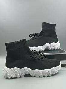 Men Lace Up Design Slip-On Sock Sneakers - Black - View 2