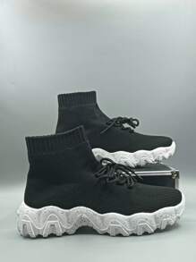 Men Lace Up Design Slip-On Sock Sneakers - Black - View 3