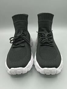 Men Lace Up Design Slip-On Sock Sneakers - Black - View 6