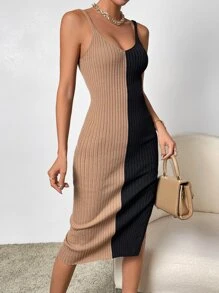 Chiquease Ladies áo len váy Tách cao Gân đan Khối Màu Giải trí - Nhiều màu - Xem 5