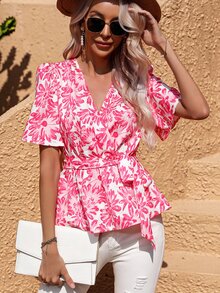 SHEIN LUNE All Over Floral Print Belted Surplice Front Peplum Blouse - Pink - View 5