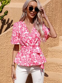 SHEIN LUNE All Over Floral Print Belted Surplice Front Peplum Blouse - Pink - View 6