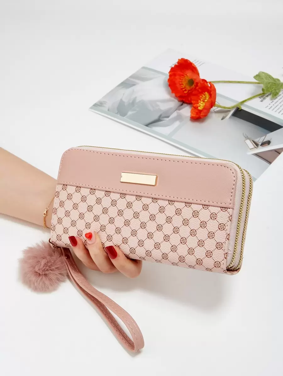 Portafoglio con motivo geometrico e decorazione con pompon, leggero, moderno, per carta di credito, carta d'identità, contanti, affari, casual, regali per insegnanti, lavoro, tragitto casa-lavoro, viaggio, vacanza, anniversario, San Valentino, regalo per donne, lavoratrici d'ufficio, colore fucsia