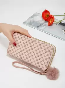 Portafoglio con motivo geometrico e decorazione con pompon, leggero, moderno, per carta di credito, carta d'identità, contanti, affari, casual, regali per insegnanti, lavoro, tragitto casa-lavoro, viaggio, vacanza, anniversario, San Valentino, regalo per donne, lavoratrici d'ufficio, colore fucsia