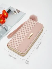 Portafoglio con motivo geometrico e decorazione con pompon, leggero, moderno, per carta di credito, carta d'identità, contanti, affari, casual, regali per insegnanti, lavoro, tragitto casa-lavoro, viaggio, vacanza, anniversario, San Valentino, regalo per donne, lavoratrici d'ufficio, colore fucsia