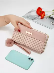 Portafoglio con motivo geometrico e decorazione con pompon, leggero, moderno, per carta di credito, carta d'identità, contanti, affari, casual, regali per insegnanti, lavoro, tragitto casa-lavoro, viaggio, vacanza, anniversario, San Valentino, regalo per donne, lavoratrici d'ufficio, colore fucsia