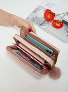 Portafoglio con motivo geometrico e decorazione con pompon, leggero, moderno, per carta di credito, carta d'identità, contanti, affari, casual, regali per insegnanti, lavoro, tragitto casa-lavoro, viaggio, vacanza, anniversario, San Valentino, regalo per donne, lavoratrici d'ufficio, colore fucsia