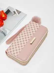 Portafoglio con motivo geometrico e decorazione con pompon, leggero, moderno, per carta di credito, carta d'identità, contanti, affari, casual, regali per insegnanti, lavoro, tragitto casa-lavoro, viaggio, vacanza, anniversario, San Valentino, regalo per donne, lavoratrici d'ufficio, colore fucsia