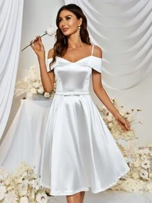 MUXXN Vestido de dama de honor de hombros descubiertos de satén - Blanco - Ver 2