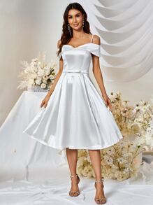 MUXXN Vestido de dama de honor de hombros descubiertos de satén - Blanco - Ver 4