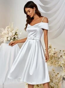 MUXXN Vestido de dama de honor de hombros descubiertos de satén - Blanco - Ver 6