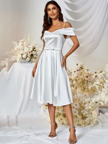 MUXXN Vestido de dama de honor de hombros descubiertos de satén - Blanco - Ver 7