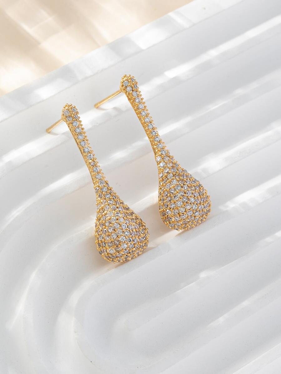 Rhinestone Water-drop Design Stud Earrings - Yellow Gold - View 1