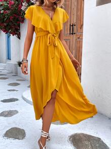 Breezaya Ruffle Trim Wrap Hem Belted Dress - Yellow - View 2