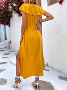 Breezaya Ruffle Trim Wrap Hem Belted Dress - Yellow - View 3