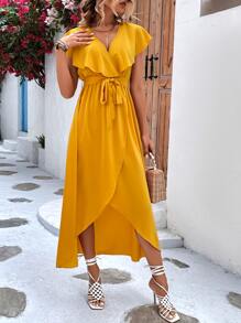 Breezaya Ruffle Trim Wrap Hem Belted Dress - Yellow - View 5