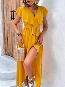 Breezaya Ruffle Trim Wrap Hem Belted Dress - Yellow - View 1