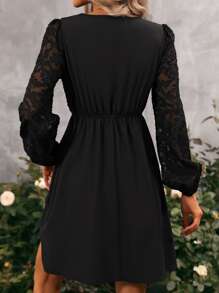 SHEIN Clasi Đầm Tương phản ren màu trơn Thanh lịch - màu đen - Xem 3