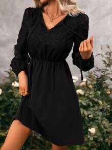 SHEIN Clasi Đầm Tương phản ren màu trơn Thanh lịch - màu đen - Xem 4