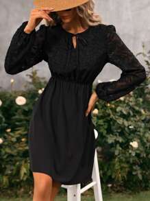 SHEIN Clasi Đầm Tương phản ren màu trơn Thanh lịch - màu đen - Xem 5