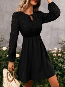 SHEIN Clasi Đầm Tương phản ren màu trơn Thanh lịch - màu đen - Xem 6