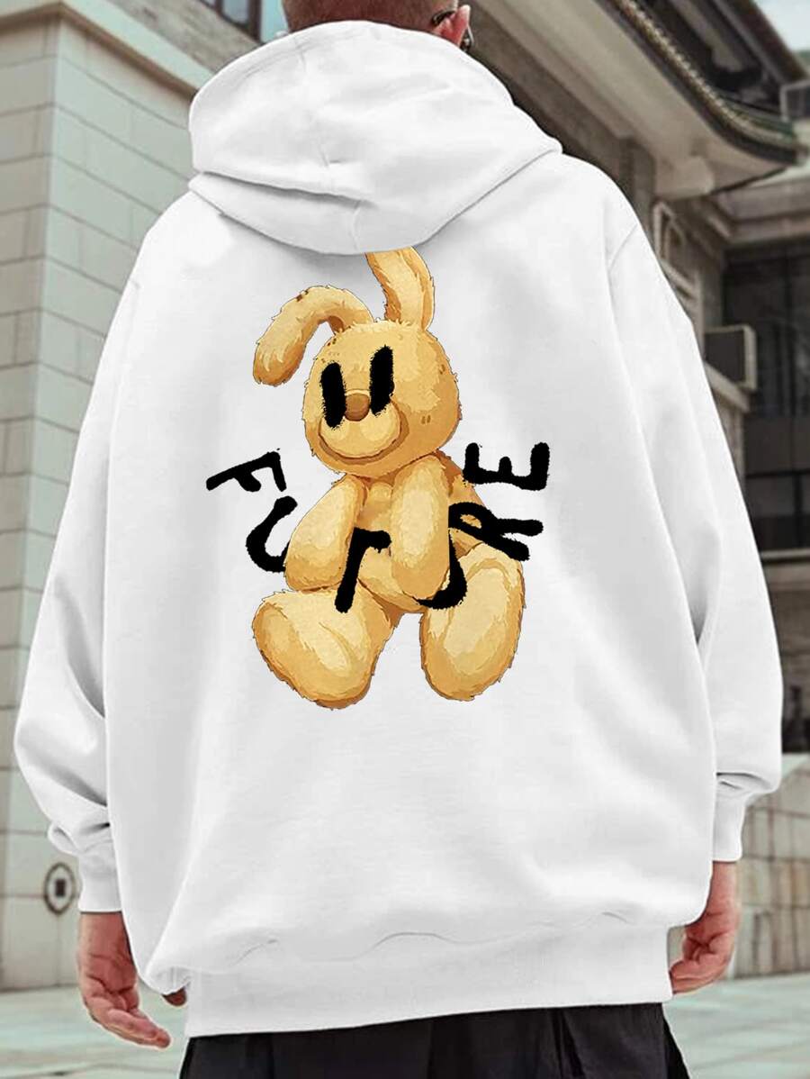 Manfinity Men Letter & Cartoon Graphic Kangaroo Pocket Drawstring Hoodie - White - View 1