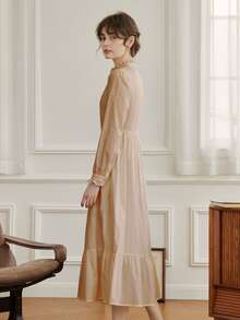 Simple Retro 褶邊荷葉邊A字連衣裙 - 棕色 - 查看 4